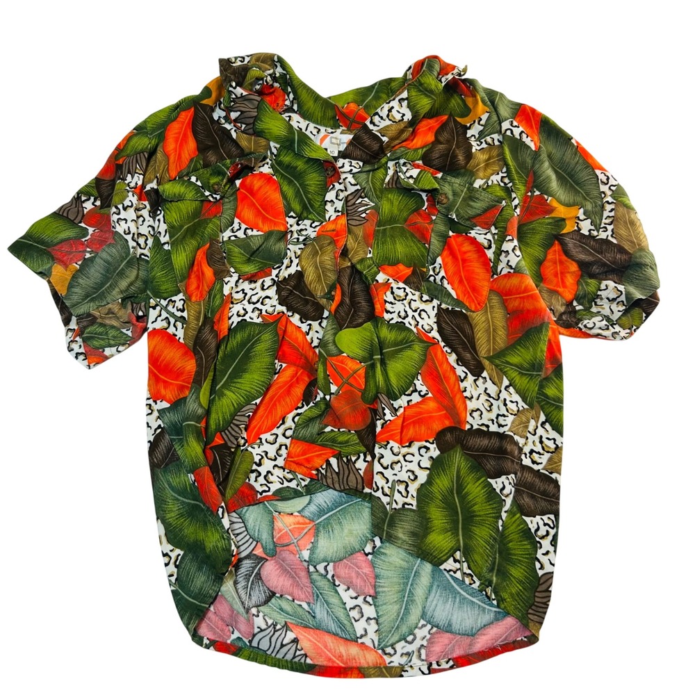 Vintage Chaus Womens 10 Tropical Leaf Leopard Print Rayon Button Down Shirt